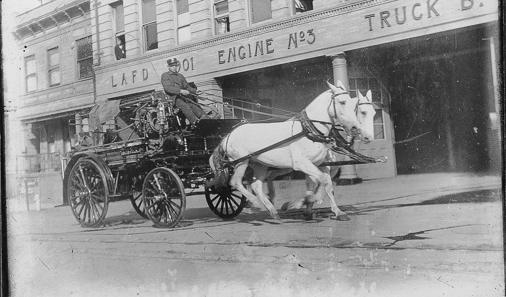 LAFD Engine No 3 is a old apparatus drawn by 2 white horses